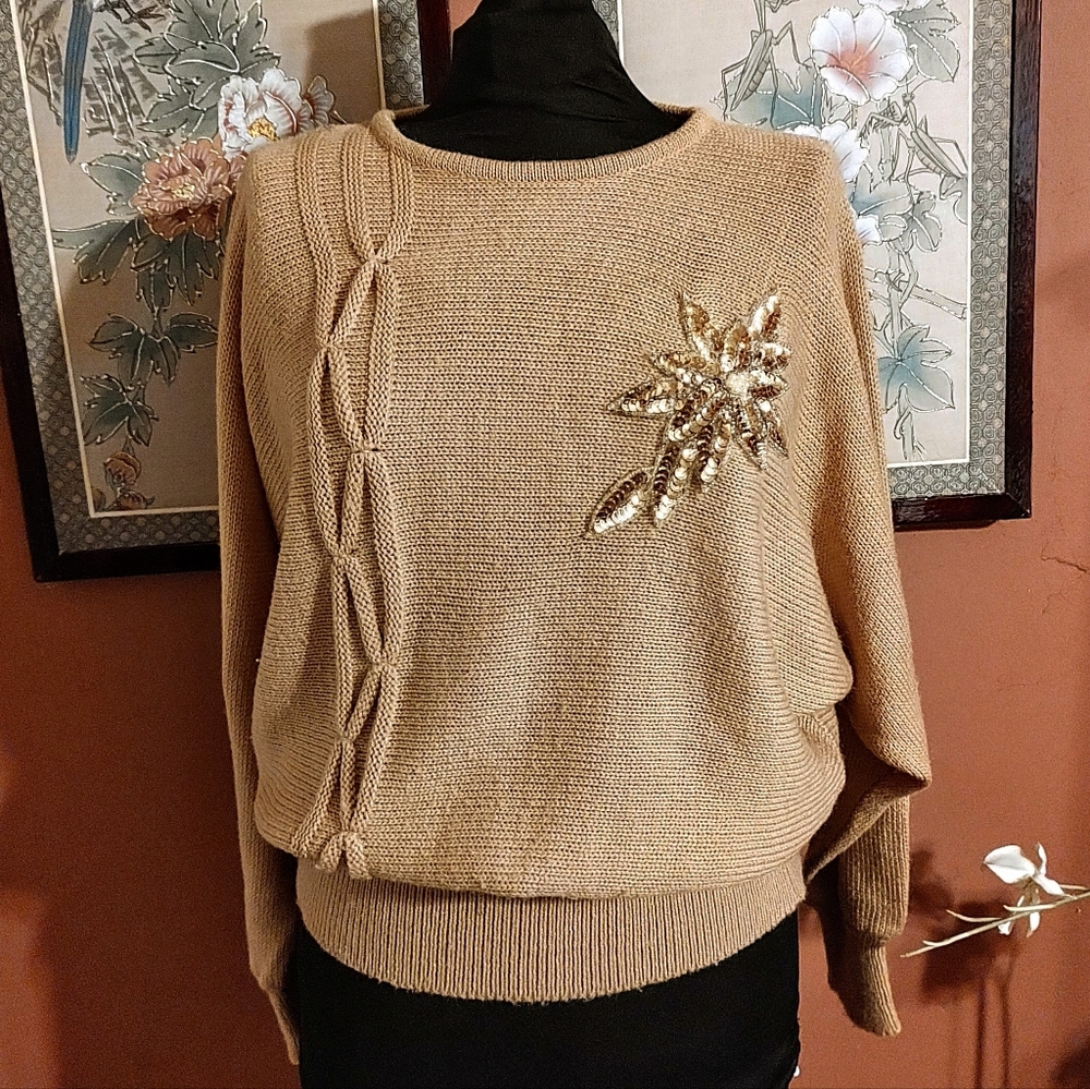 🔸🤎🔸Amazing Vtg 80's Mocha Caramel Tan Dolman Cable Knit Sequin Sweater - M/L - Picture 1 of 15